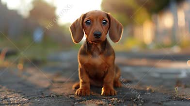 Dachshund puppy sitting on a path