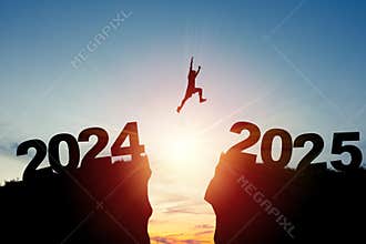 Welcome merry Christmas and happy new year in 2025,Silhouette Man jumping from 2024 cliff to 2025 cliff with cloud sky and