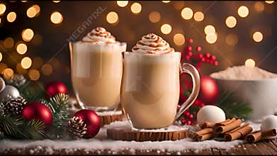 Typical Christmas dessert eggnog with cinnamon and alcohol, Christmas delicious beverage, holiday background.
