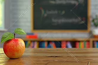 Fresh apple on classroom desk with chalkboard background