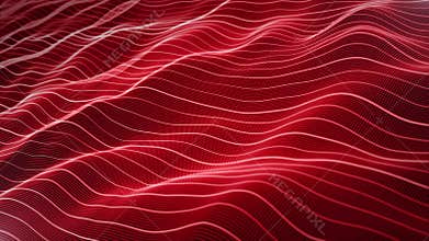 Looped background with shiny red stream of waves made of glowing particles and curvy lines with white light and shadows