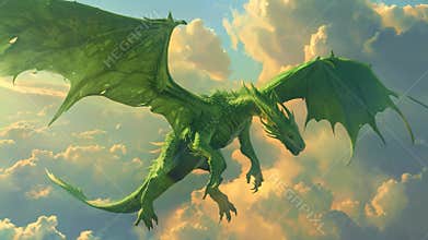 An awe-inspiring green dragon gracefully soars through a sky filled with fluffy clouds, A mythical green dragon soaring through