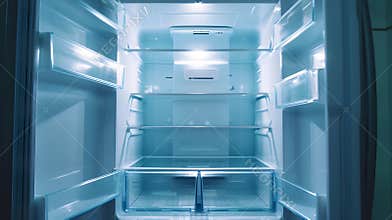 Generative AI Opened empty refrigerator Refrigerator open empty fridge inside interior close up on empty refrigera
