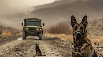 Adventure Companion: Dog and Jeep Stride Along Dirt Road