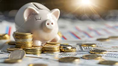 Generative AI A sad piggy bank behind stacks of euro coins symbolizing the fall of monetary assets White moneybox