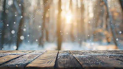 Generative AI Vintage winter background Empty wooden table blurry forest snow sunshine and bookeh effect business