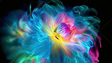 Abstract neon glowing flower with vibrant colourful petals on dark background