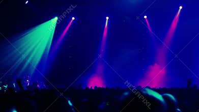 Lot of people at rave party, view from behind,