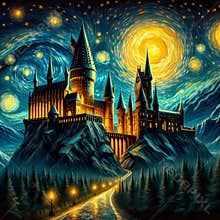 A castle in a breathtaking landscape, surrounded by the darkness, moon, stars, empty road, Van Gogh style, painting art, horor