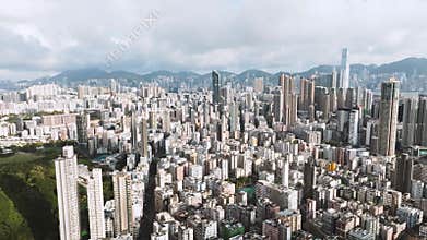 Establishing shot of Hong Kong city, drone aerial cityscape high angle view. Skyscraper in business district