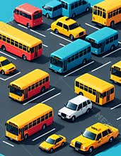 Colorful buses and taxis in organized traffic pattern