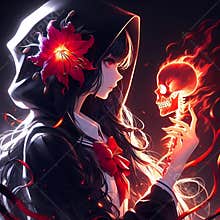 An anime girl with hooded robe, holding a fire skul on her hand, mystery, horor, anime art, wallpaper