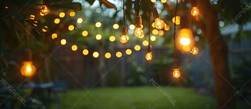 Fairy lights hanging from tree branches at dusk