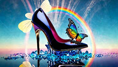 Fantasy High Heel with Butterfly and Rainbow