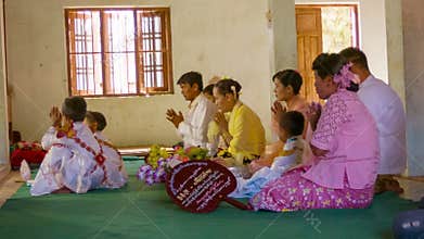 Burmese Shinbyu novitiation ceremony is tradition of Theravada Buddhism, referring to the celebrati