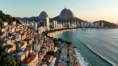 Coastal rio de janeiro skyline with sugarloaf mountains and beachfront apartments at sunset