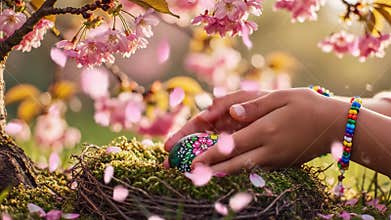 Child placing painted Easter egg in mossy nest under cherry blossoms