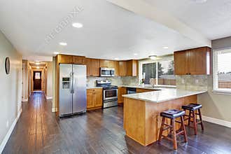 House interior. Kitchen room and long corridor