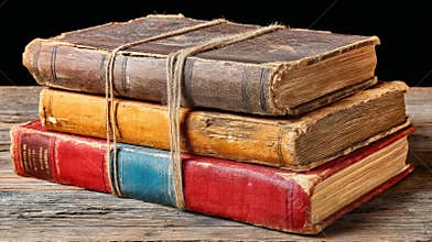 Old stacked books with worn covers and tied together on a wooden surface