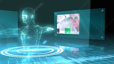Science montage with vitruvian man graphic