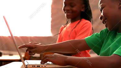 Little pupils using laptop in classroom