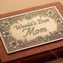 Elegant engraved metal plaque inscribed with "World's Best Mom" resting on wood
