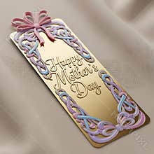 Elegant golden mother's day bookmark featuring intricate celtic knots and a beautiful pink ribbon bow