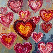 Textured impasto painting featuring multiple vibrant, thickly applied hearts in warm tones