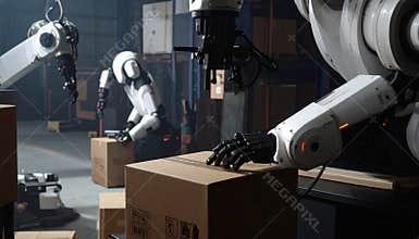 Autonomous Robots Handling Packages in Warehouse Facility Ai Generative