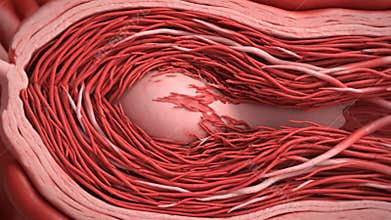 Nerve Fiber Structure Close Up in Red Tones Medical Illustration of Axon and Myelin Sheath for Anatomy and Biology