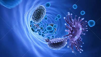 Microscopic View of Virus and Antibodies Within Blue Vein - Medical Animation for Research, Education, Healthcare