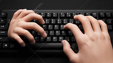 Typing on a Black Keyboard Close Up View, Hands on Keyboard, Black Keys and Dark Background, High Angle, Business and