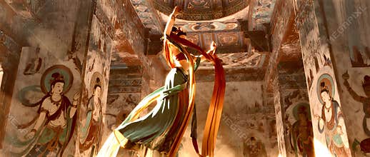 Ethereal Flying Apsaras in Ancient Buddhist Grotto: A Digital Masterpiece of Sacred Art