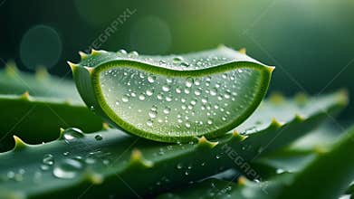 Aloe vera leaves with water droplets, showcasing the translucent interior of a freshly cut leaf in a cinematic macro view