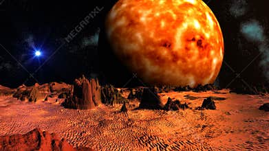 The sun and blue star (UFO) against a fantastic landscape.