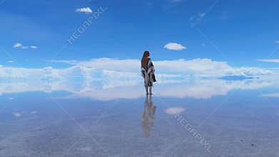 A woman walks across a reflective salt flat in Bolivia, her poncho billowing in the wind