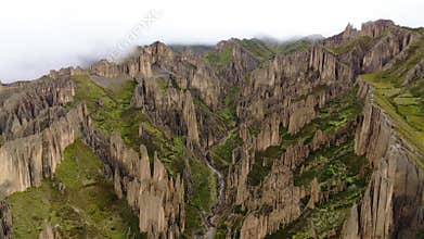 Aerial View of a Canyon and Salt Lake in Bolivia, Featuring Rolling Clouds and Muted Lighting