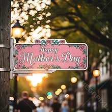 Decorative street sign celebrating happy mother's day with pink roses and warm sunset lighting