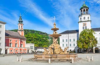 Famous Residenzplatz with Residenzbrunnen in Salzburg, Austria