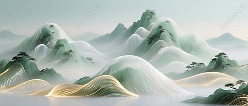 Abstract Chinese Style Green Mountains with White Silk Textures and Golden Glowing Waves Digital Illustration