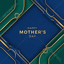 Elegant gold text celebrates happy mother's day on a layered navy and green abstract background design
