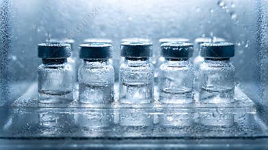 Frozen medical vial tray in cold storage with frosted glass and condensation conveying controlled temperature and sterile