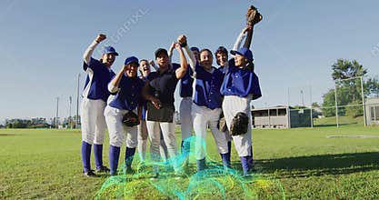 Celebrating women\'s team in blue tops with coach raising fists holding gloves on turf neon graphic