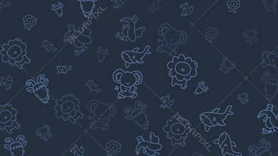 Blue background with adorable cartoon animal doodles, ideal for childrens book illustrations, stationery, and nursery decor