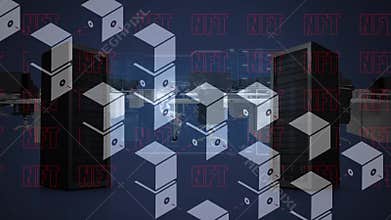 Animation of cubes and nft text over server room