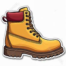 Yellow work boot illustration with red accent on collar. Classic footwear design, durable construction detail, laced closure.