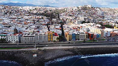 Aerial sweep of Las Palmas, Catedral de Santa Ana and coastline