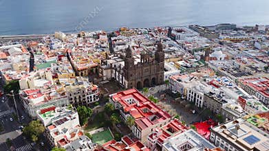 Aerial 4K of Vegueta, Las Palmas, with Catedral de Santa Ana