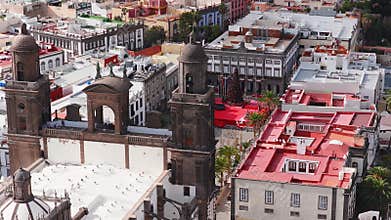Aerial 4K over Catedral de Santa Ana and Plaza de Santa Ana, Las Palmas