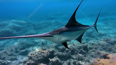 Elegant swordfish cruising in the deep blue ocean featuring its long sharp bill and a smooth tracking camera shot, 4K